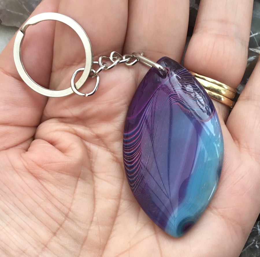 Stunning Purple and Aqua Banded Agate Gemstone Keyring or Handbag Charm.