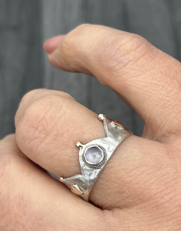 Iolite Crown Ring, silver crown ring, gold hearts ring, queen ring, princess, 