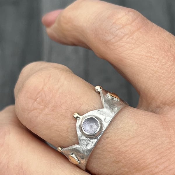 Iolite Crown Ring, silver crown ring, gold hearts ring, queen ring, princess, 