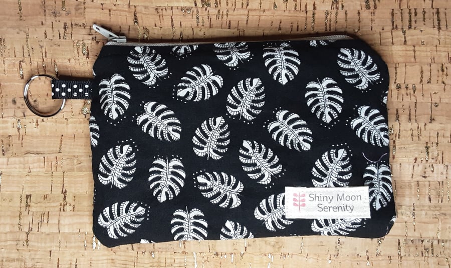 Coin Purse Black with White Palm Leaf Print.