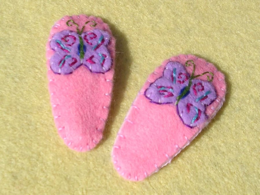 Pair of Pink and Blue Felt Butterfly Handmade Hair Clips