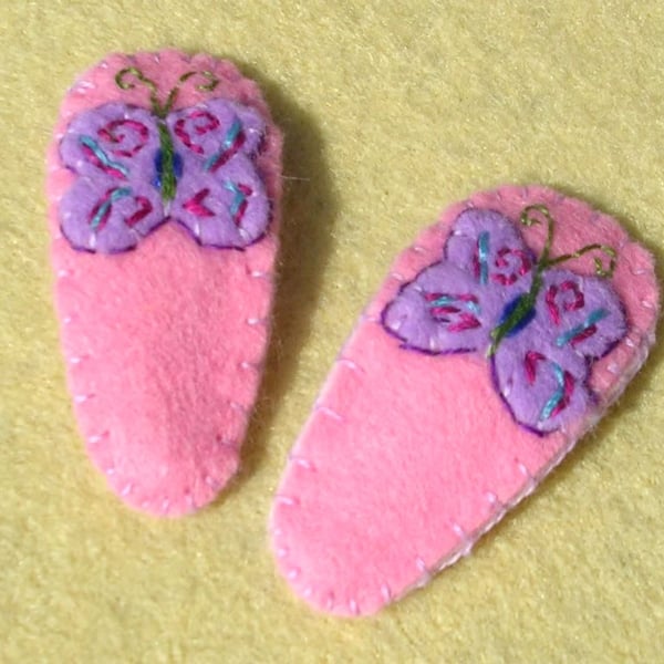 Pair of Pink and Blue Felt Butterfly Handmade Hair Clips