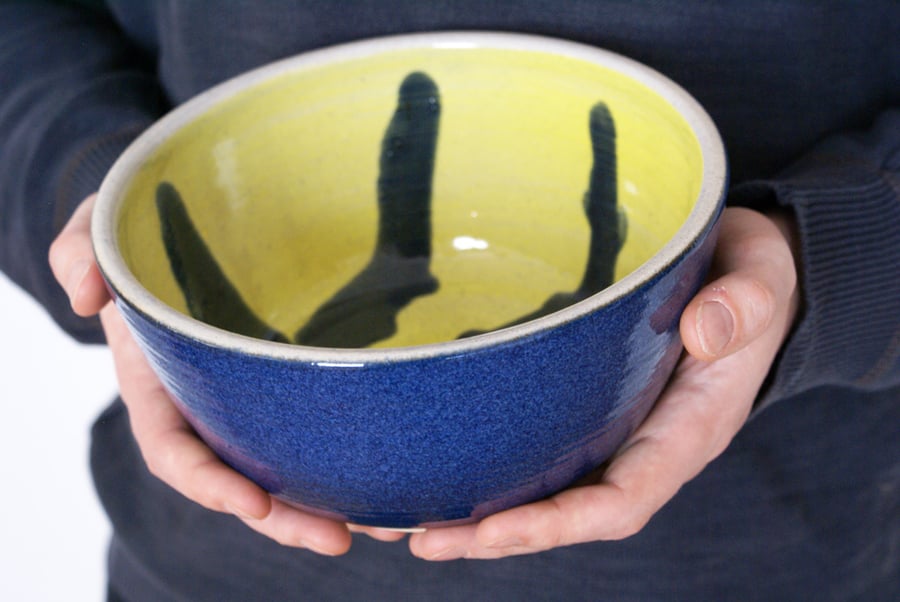 Handmade decorative fruit bowl - large wheel thrown bowl in yellow and blue