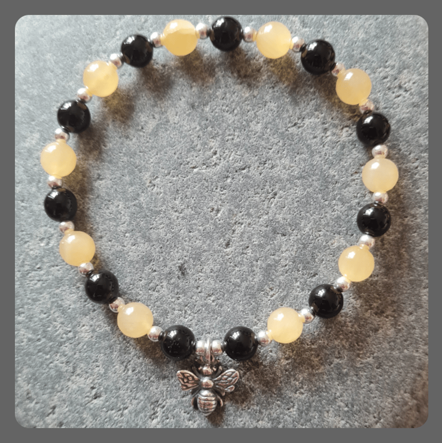 Ambronite, Onyx and Sterling Silver Bracelet with Bee Charm