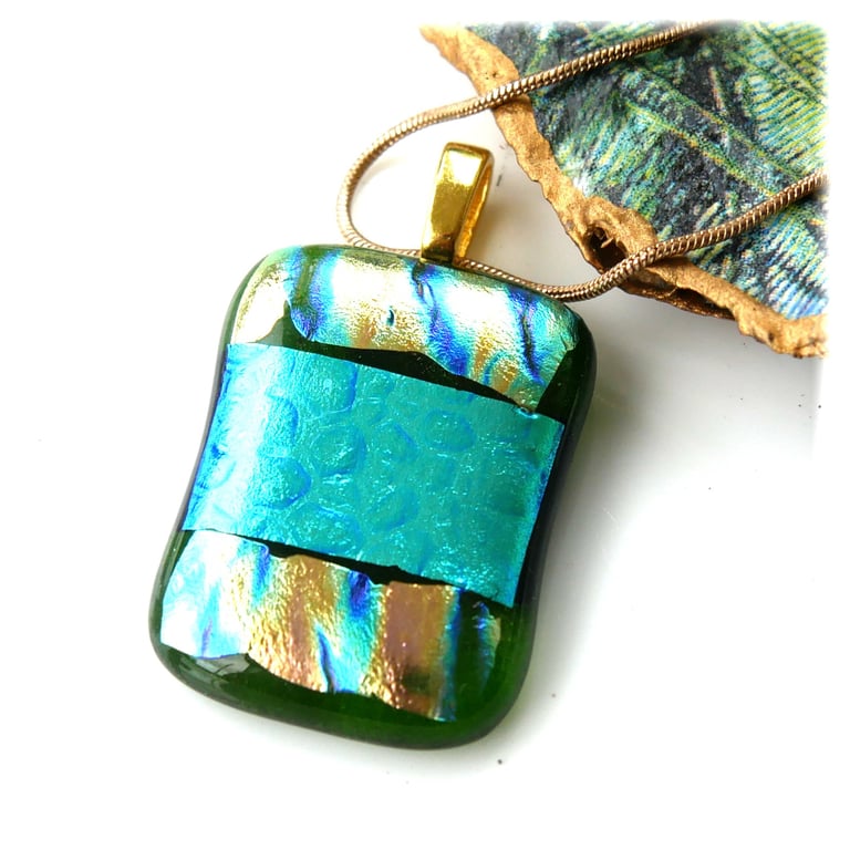 Dichroic Glass Pendant 279 Striped Aqua Handmade with gold plated chain