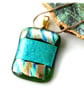 Dichroic Glass Pendant 279 Striped Aqua Handmade with gold plated chain