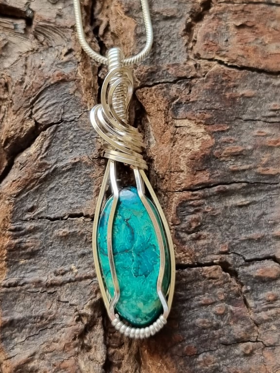 Chrysocolla wire wrapped pendant necklace 