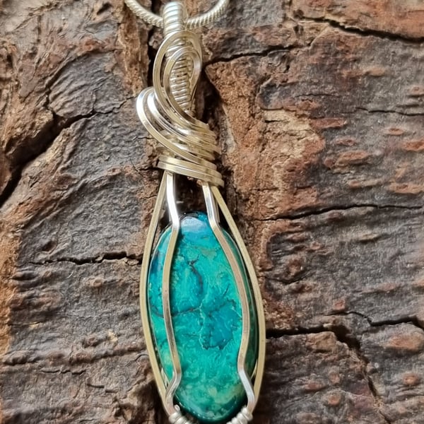 Chrysocolla wire wrapped pendant necklace 