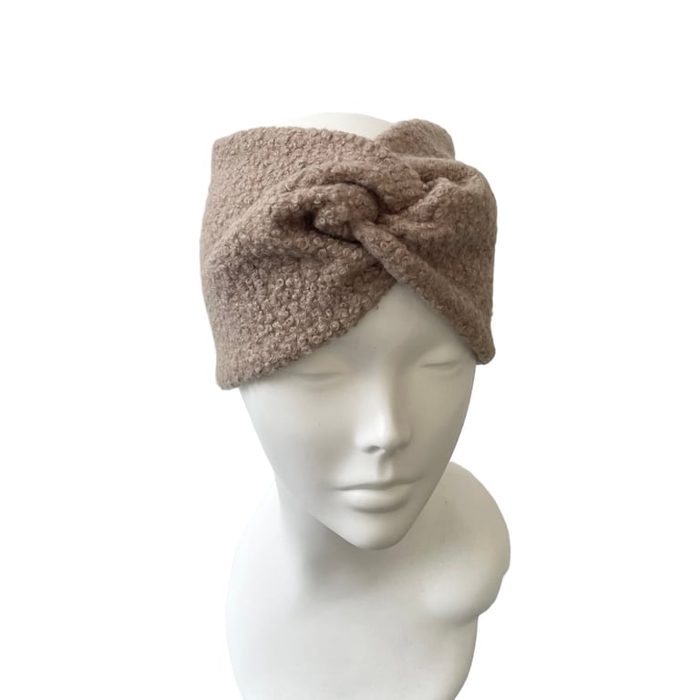 Satin lined ear warmer headband, Taupe brown sherpa boucle chunky headwrap 