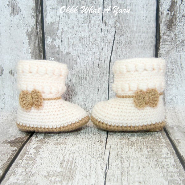 Crochet cream and beige bow baby, booties, boots, shoes - Age 3-6 months