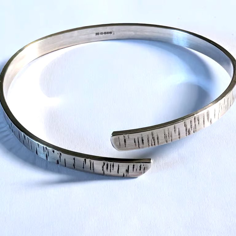 Sterling Silver  Open Bangle, bark pattern