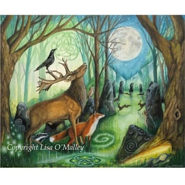 Print "Forest Grove" Stag, Fox , Crow, Hare Art Print