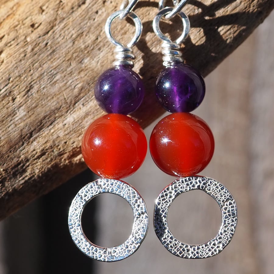 Carnelian and Amethyst Silver Hoop Earrings, Dangle Earrings