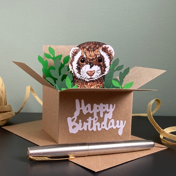 Ferret Card; Personalised, Birthday or Blank. Box card or gift card holder