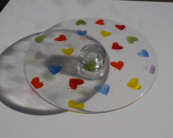 Fused Glass Rainbow Heart Cakestand