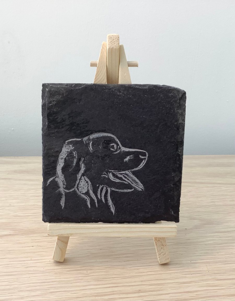 A Happy Spaniel Dog - original art picture hand carved on recycled slate