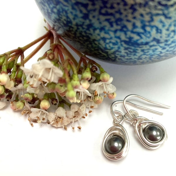 Sterling Silver Grey Swarovski Pearl Earrings