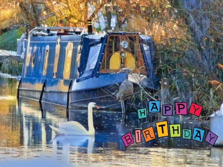 Happy Birthday Canal Boat & Swan Card A5