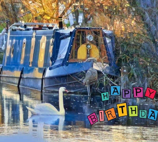 Happy Birthday Canal Boat & Swan Card A5