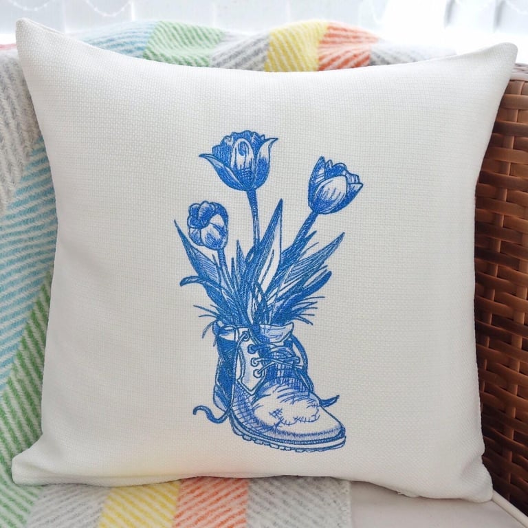 Boot & Flowers: Embroidered Cushion 33cm (13”)