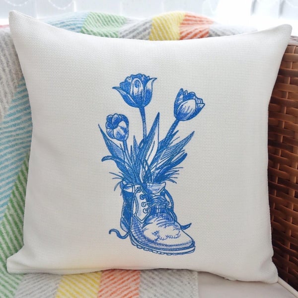 Boot & Flowers: Embroidered Cushion 33cm (13”)
