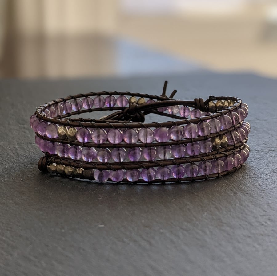 Purple Amethyst Beaded Gemstone Wrap Bracelet 