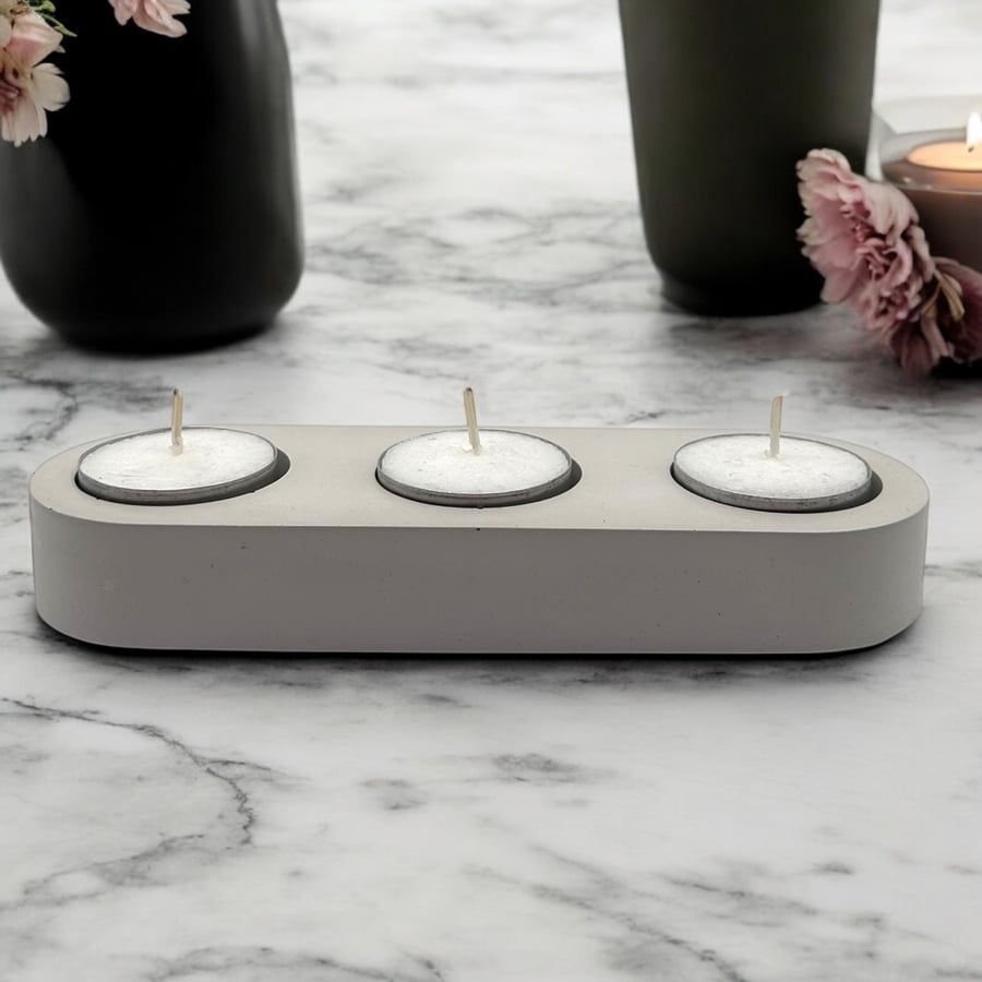 Light Grey Triple Tealight Holder - Unique Speckled Candle Holder