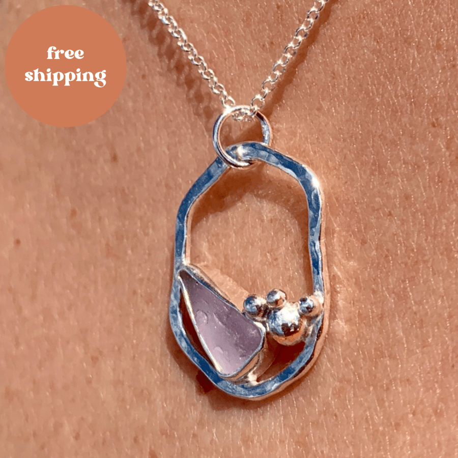 Lavender Sea Glass and Textured Sterling Silver Pendant