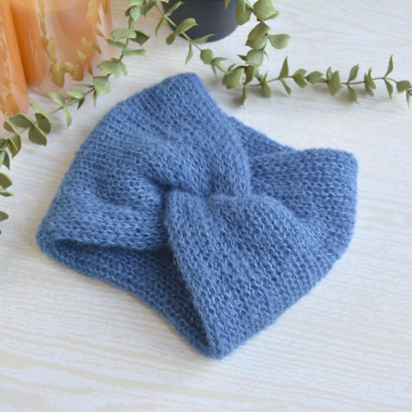 Knitted Headband Earwarmer Soft Alpaca Silk Denim Jeans Blue Ready Made