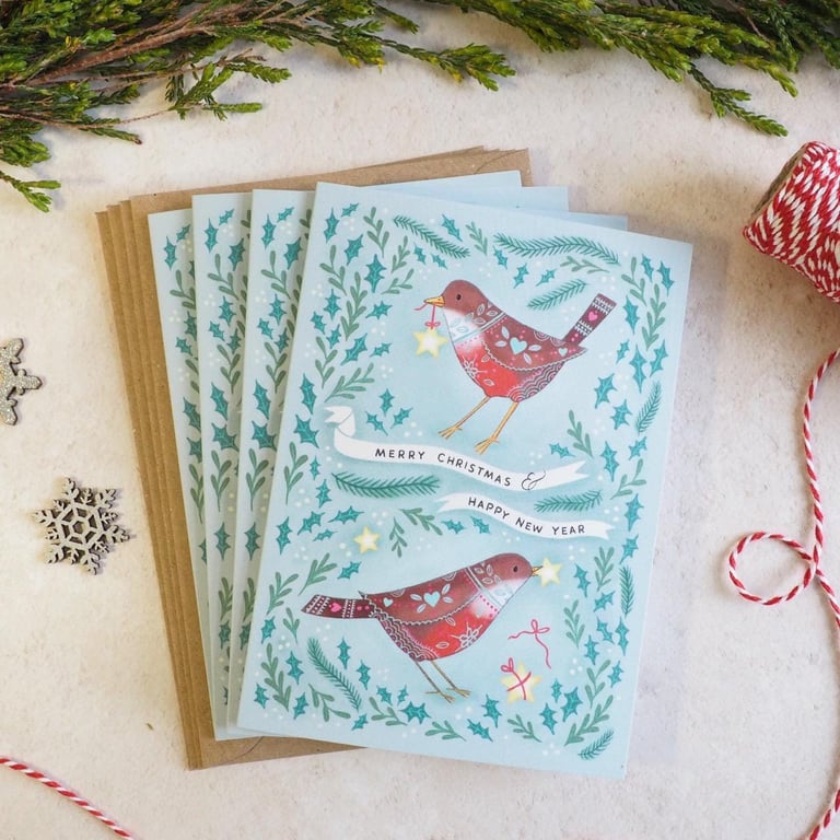 Pack of 4 Folk Robins Christmas cards