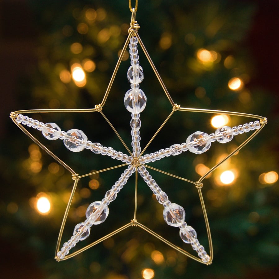 Set of Three Beaded Wire Star Decorations - Gold with Glass Crystal Facets