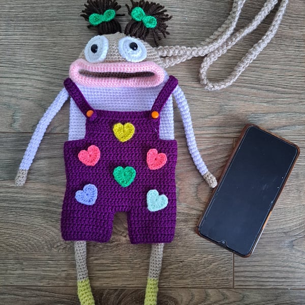 Handmade Crochet Phone Bag Funky Doll Crossbody Bag 