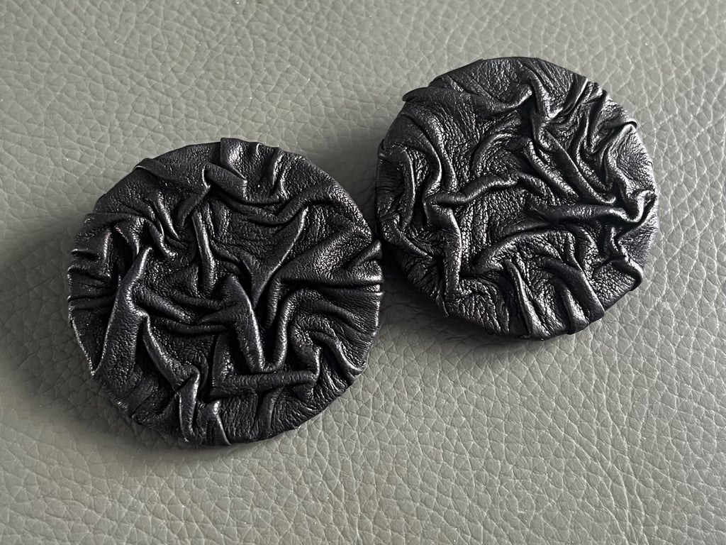 Handcrafted Black Textured Leather Circle Clip-On Earrings 