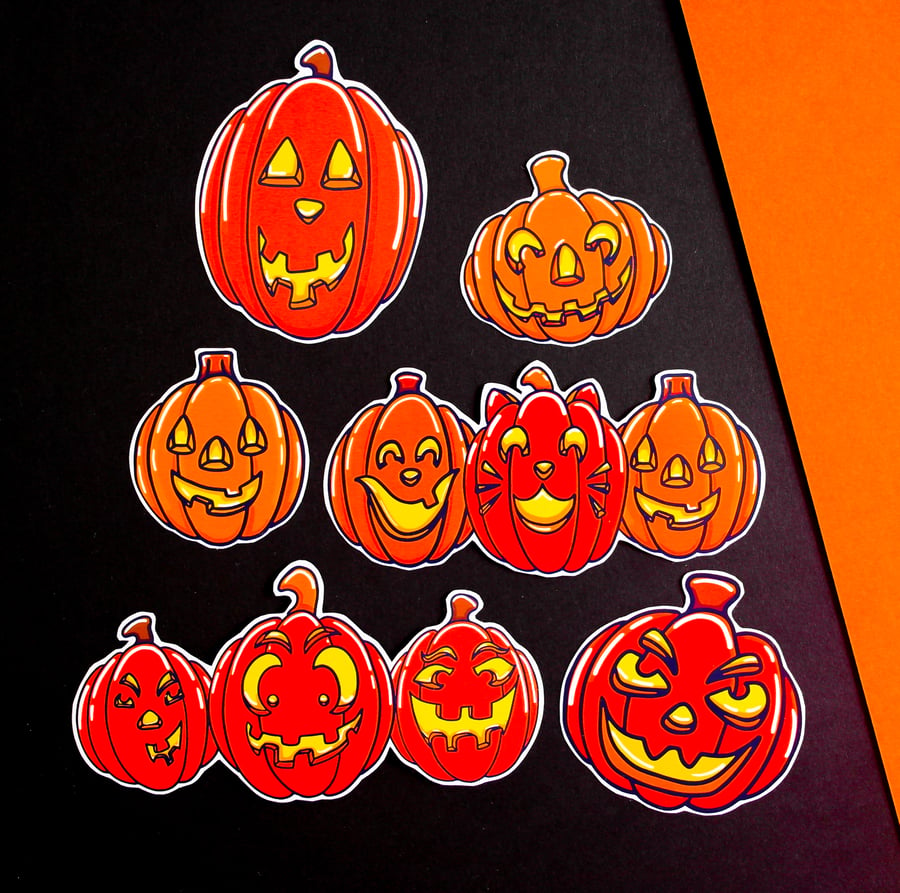 Set Of 6 Vinyl Pumpkin Stickers, Cute Spooky Pumpkin Stickers