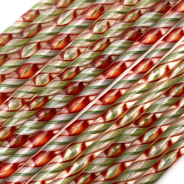 Twisted cane 12cm Red White Green lacy Bullseye 90 coe glass Vitrigraph twisties