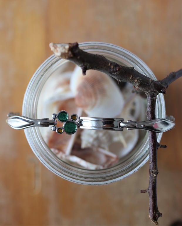 A fruity green and lemon charm upcycled stainless steel vintage watch bracelet