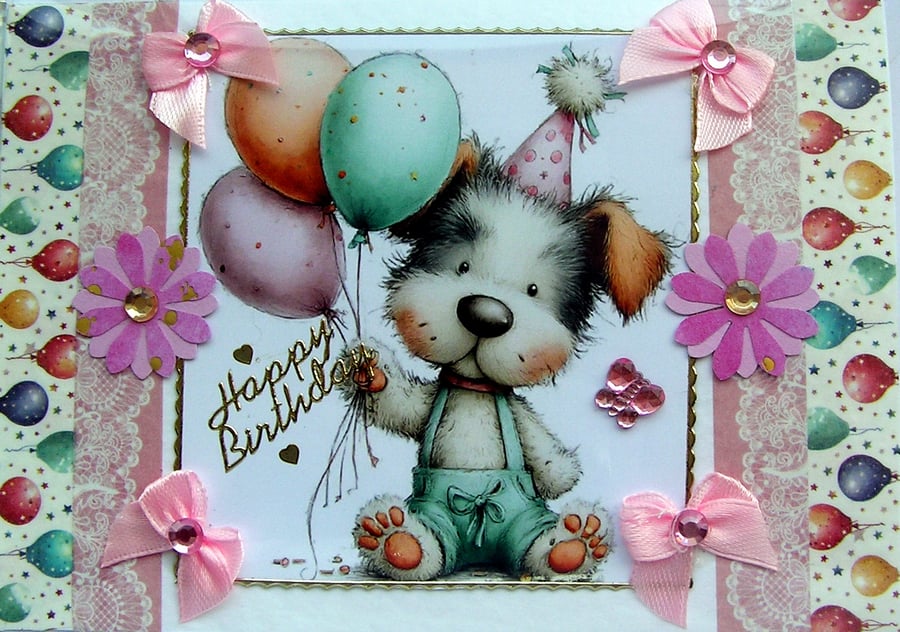 Puppy - Hand Crafted Decoupage Greeting Card - Happy Birthday - 3784