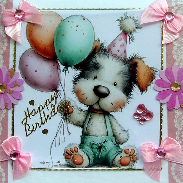 Puppy - Hand Crafted Decoupage Greeting Card - Happy Birthday - 3784