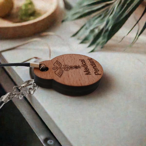 Medical or Dementia NFC Pendant  Necklace. Beech Wood, durable and waterproofed.