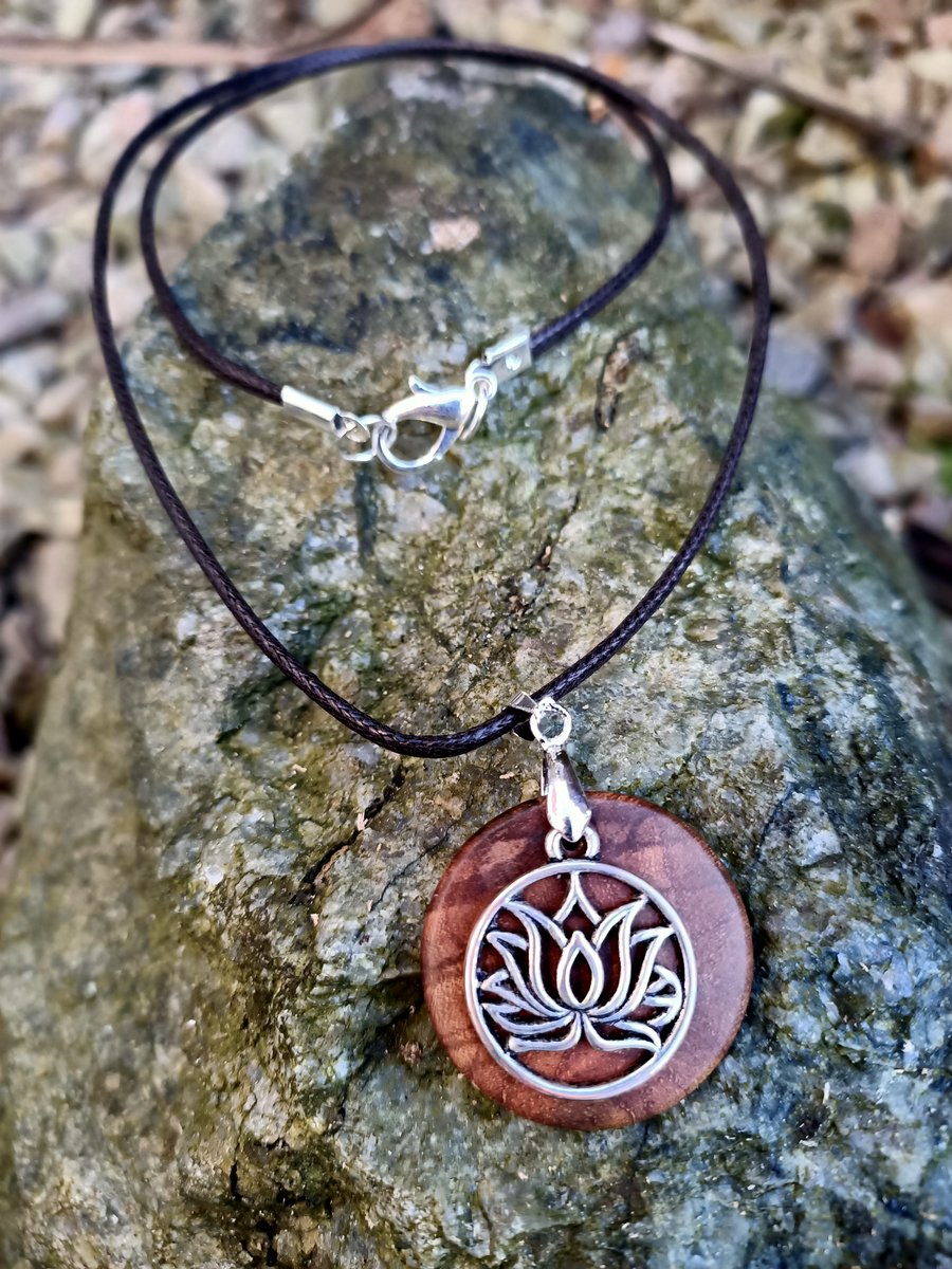 Lotus flower wooden elm burr pendant circle disc jewellery gift