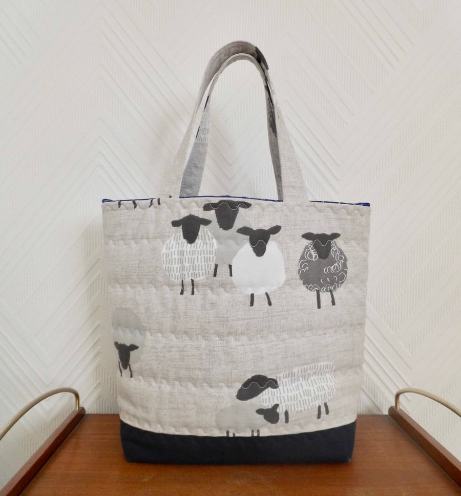 Seconds Sunday Grey sheep print bag with drawstring inner project bag 