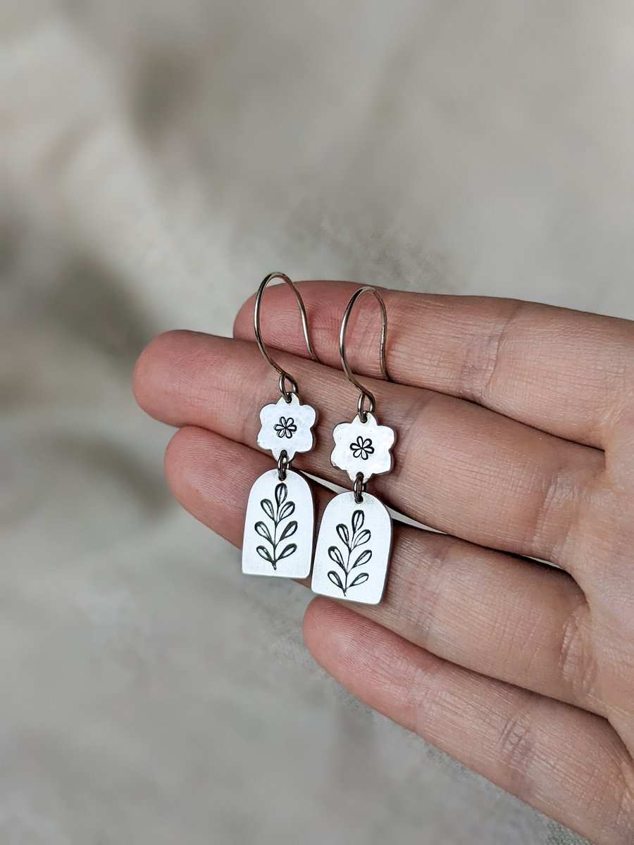 Boho flower and leaf sterling silver drop earrings