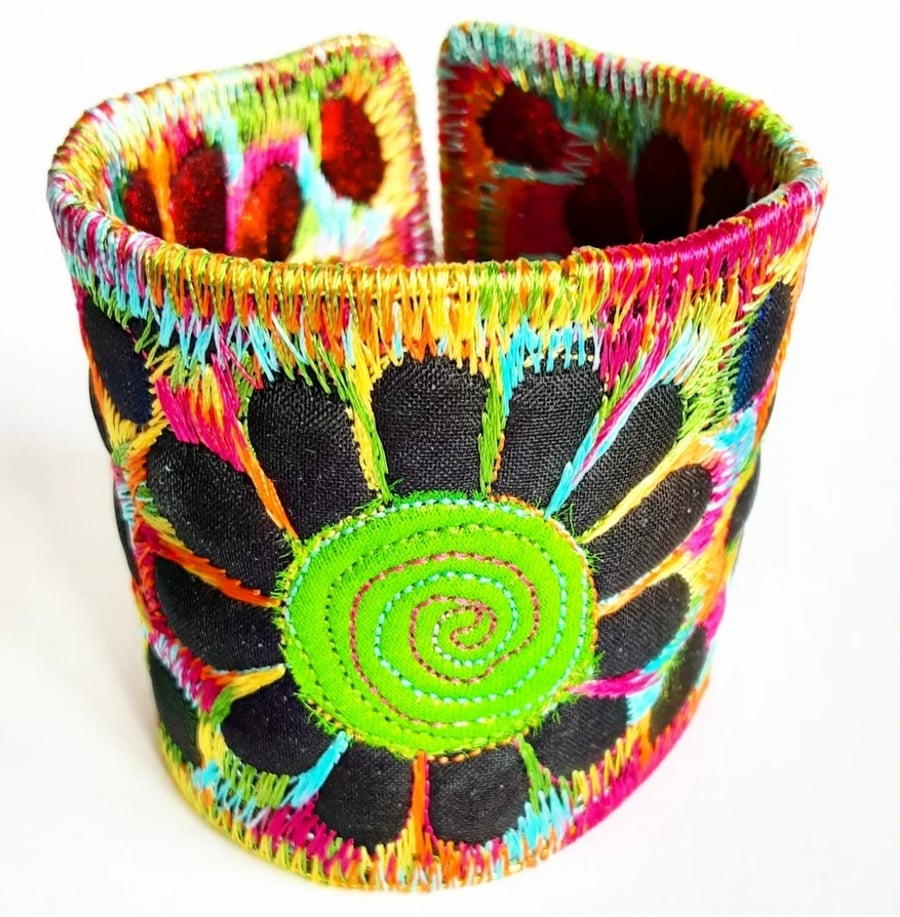 Cuff - Fabric Bracelet with Free Machine Embroidery with Flowers