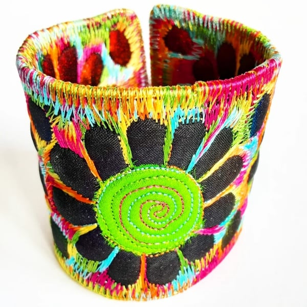Cuff - Fabric Bracelet with Free Machine Embroidery with Flowers