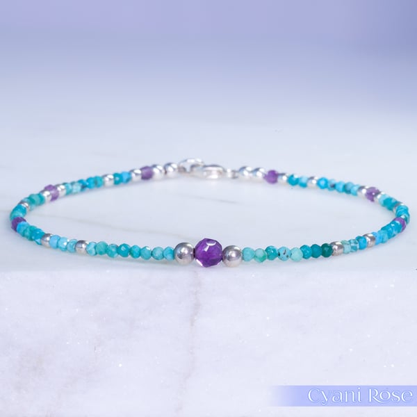 Dainty torquoise amethyst and sterling silver beaded handmade bracelet