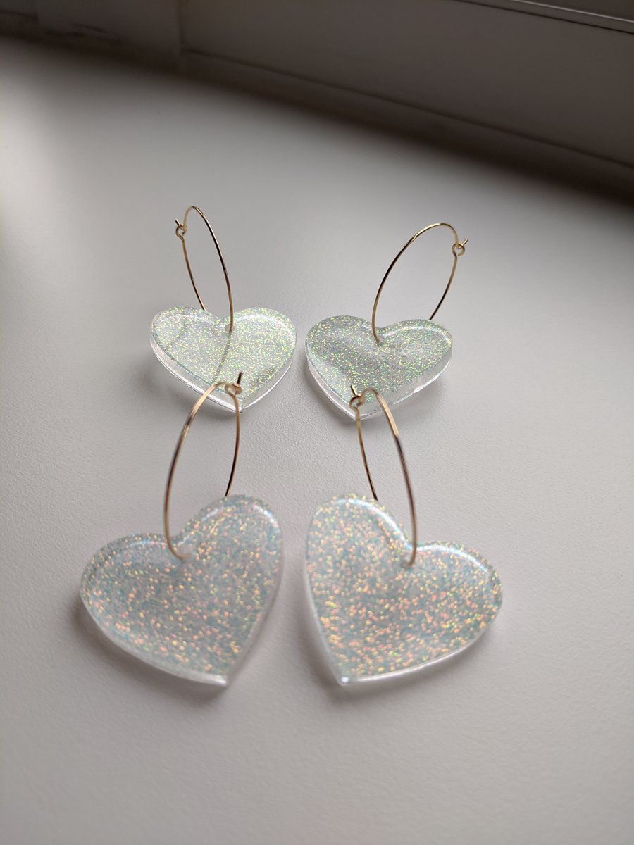 Large glitter iridescent heart hoops