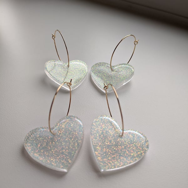 Large glitter iridescent heart hoops
