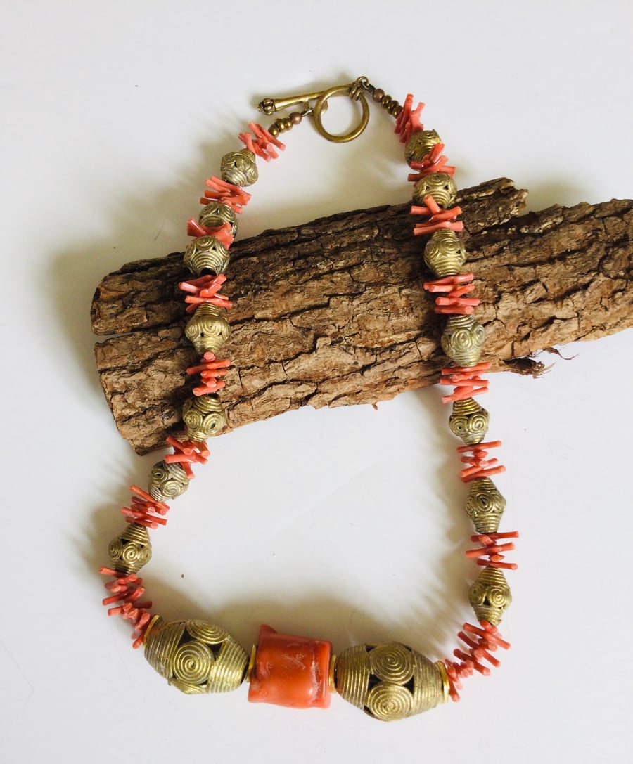 Vintage coral and hand made African brass bead necklace