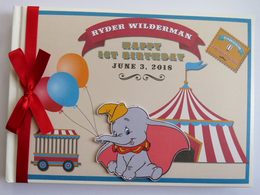 Personalised Vintage Circus Dumbo Birthday Guest Book, Baby Shower Guest book