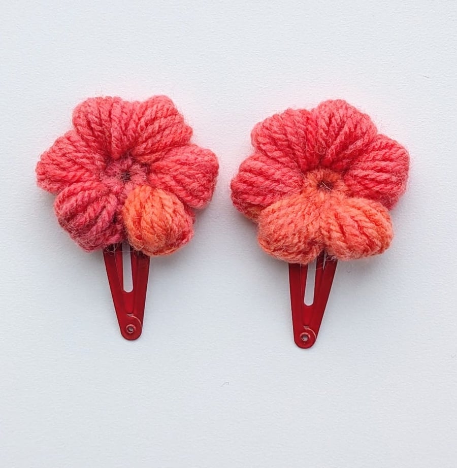 Pair of Red Crochet Flower Hair Clips